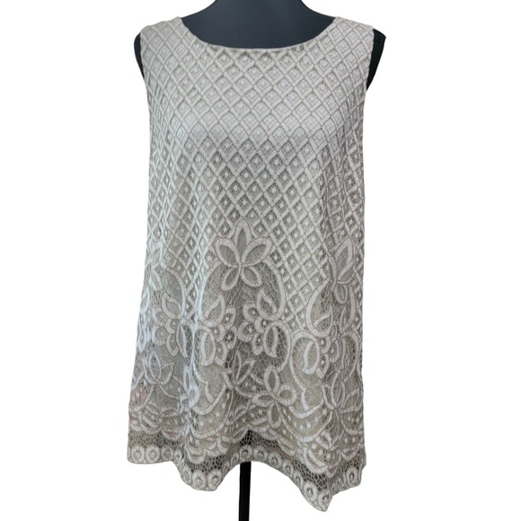 Tops - Sleeveless Geometric Floral Lace Tunic Top Cream Tan Keyhole‎ Back Blouse